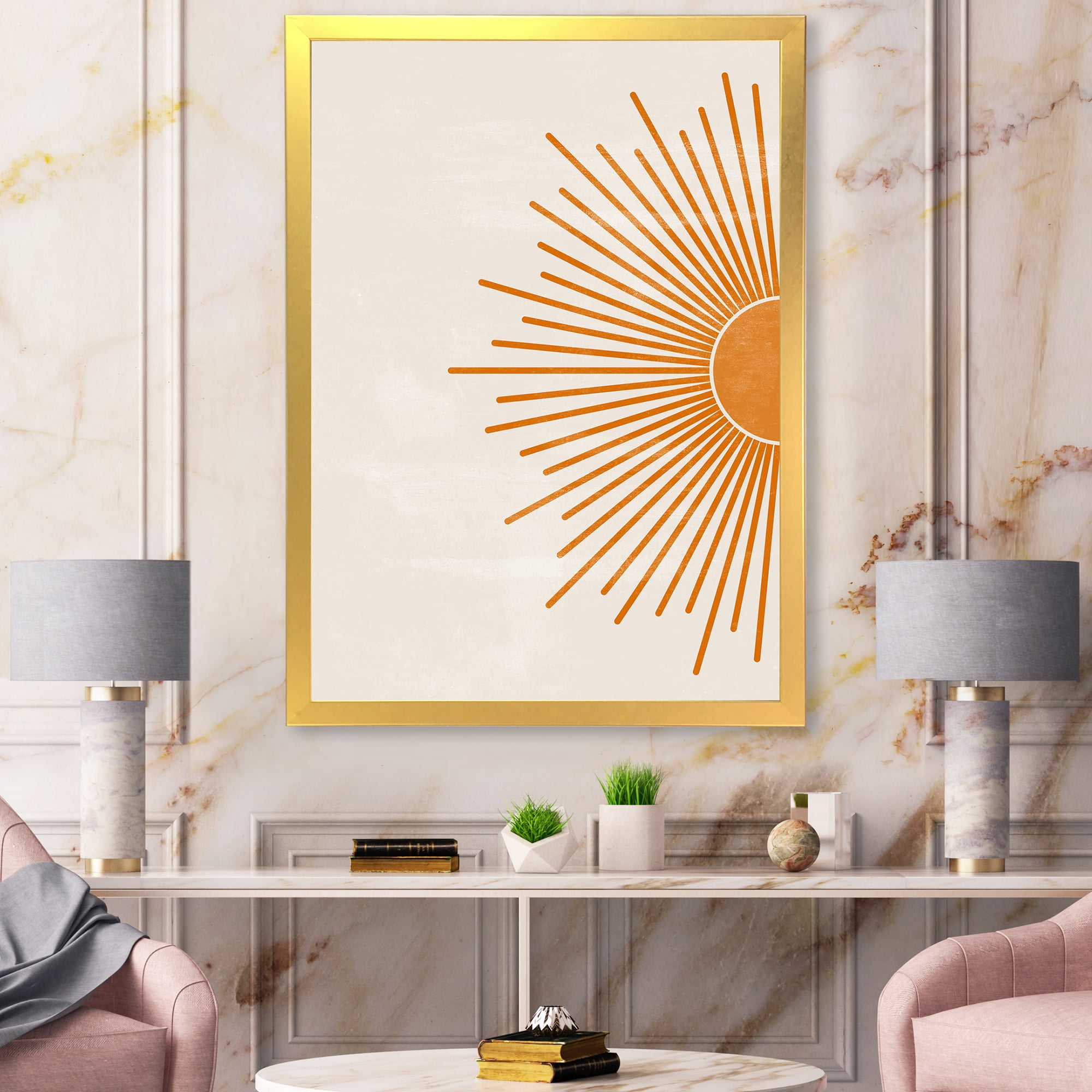 Designart 'Orange Sun Print On Beige I' Modern Framed Art Print