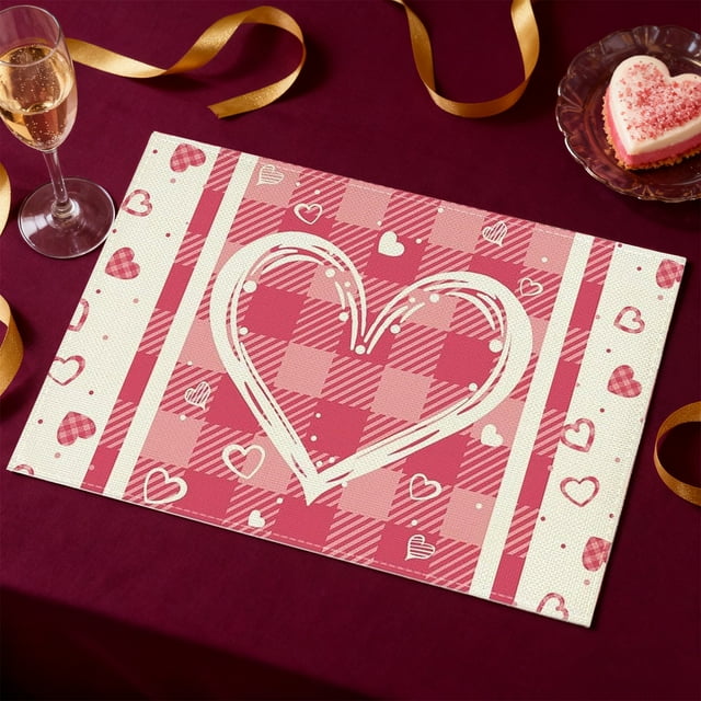 Aqestyerly Valentine'S Day Linen Placemats Solid Color Letter Print Heat Resistant Holiday Party Table Mats