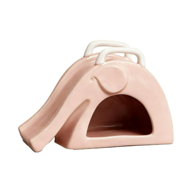Casita de cerámica para hámsteres con rampa deslizante para pequeñas mascotas como jerbos. Rosa