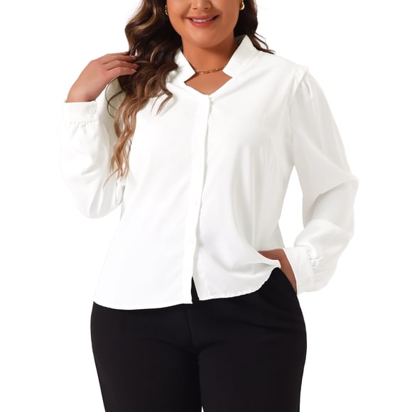 Camisas casuales elegantes de talla grande para mujeres GRACE & GRANDEUR, con botones, cuello en V, de manga larga, blusas para trabajo y oficina, 4X, blancas