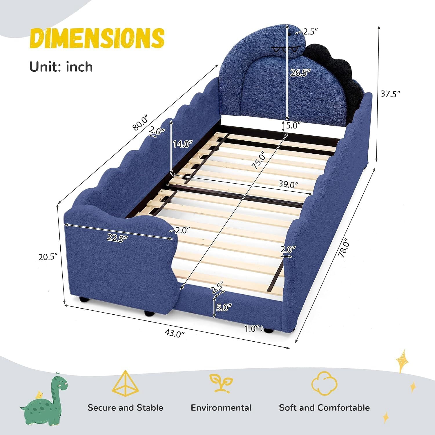 Avobird Twin Size Cute Dinosaur-Shaped Kids Bed with Safety Guardraild, Solid Wood Toddler Bed Frame for Children for Bedroom, Boucle Fabric, Navy Blue