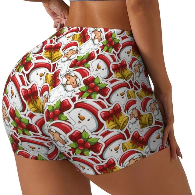 Fotbe Santa Claus bells Snowman Shorts Sin Costuras – Shorts Deportivos de Cintura Alta para Mujer, Elásticos para Gimnasio, Yoga, Running o Ciclismo-X-Large