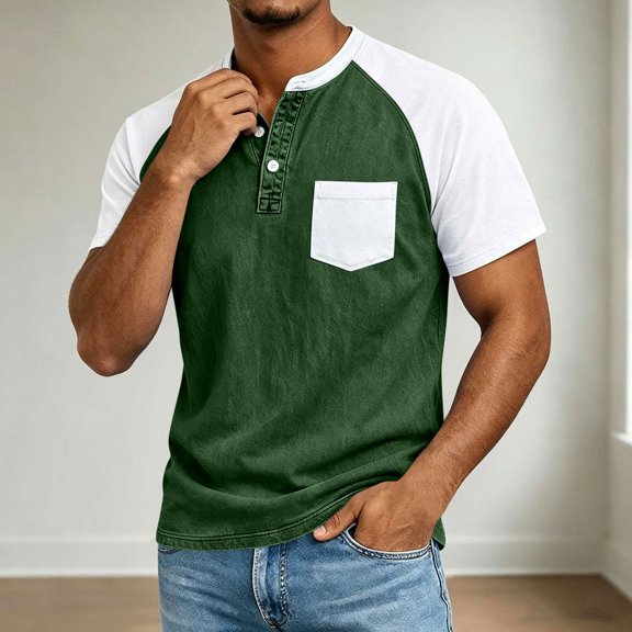 Josdec Men's Raglan Henley Short Sleeve T-Shirt Color Block Button Placket Casual Summer Tee with Chest Pocket S-XL