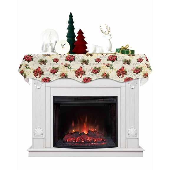 Christmas Fireplace Mantel Scarf Table Runner,Xmas Red Poinsettia Botanical Pine Cones Winter Garland Mantel Top Tablerunners Dresser Scarves Cover Decorations for Windows Party Living Room 70''x17''