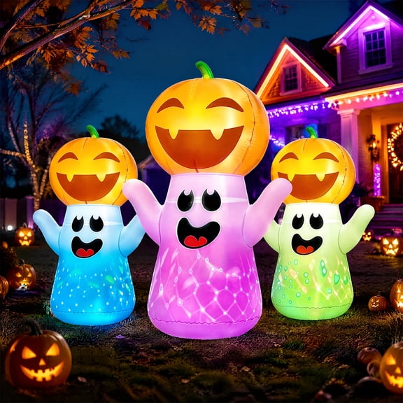 5FT Halloween Inflatables Pumpkin Ghost Built-in 3-Pattern Colorful Flashing Light, Cute Halloween Blow Up Yard Decorations for Indoor Outdoor Home Holiday Party Yard Lawn