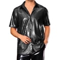 thumbnail image 1 of CAMISA METÁLICA DE PATRÓN DE COCODRILO PARA HOMBRES, CON BOTONES, MANGAS CORTAS, CAMISAS BRILLANTES DE DISCO METÁLICO TALLA S NEGRO, 1 of 4