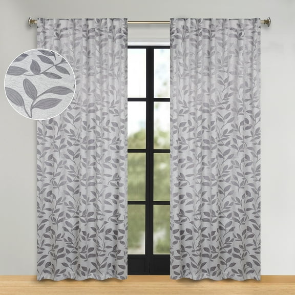 Superior Blackout Leaves Light Filtering Back Tab Curtain Panel Set, 52"x84", Grey