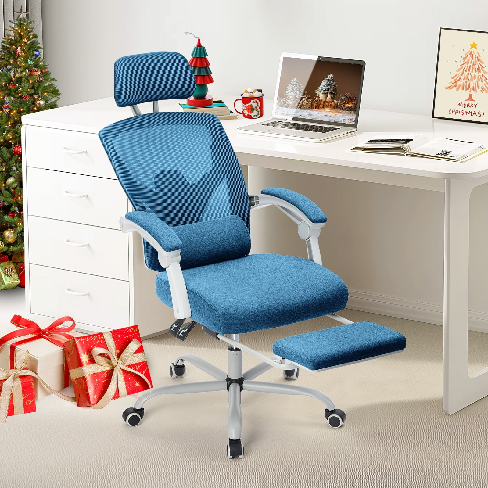 CONCETTA Ergonomic Mesh Office Chair, High Back Swivel Chairs with Adjustable Lumbar Support, Headrest, Footrest, and Armrests, Blue