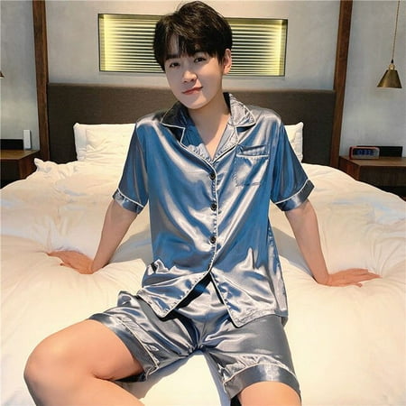 

QWZNDZGR Summer Satin Silk Pj Short Sleeve Men s Pajama Sets Male Pajamas Set Solid Color Pajama For Men Sleepwear Suit Homewear