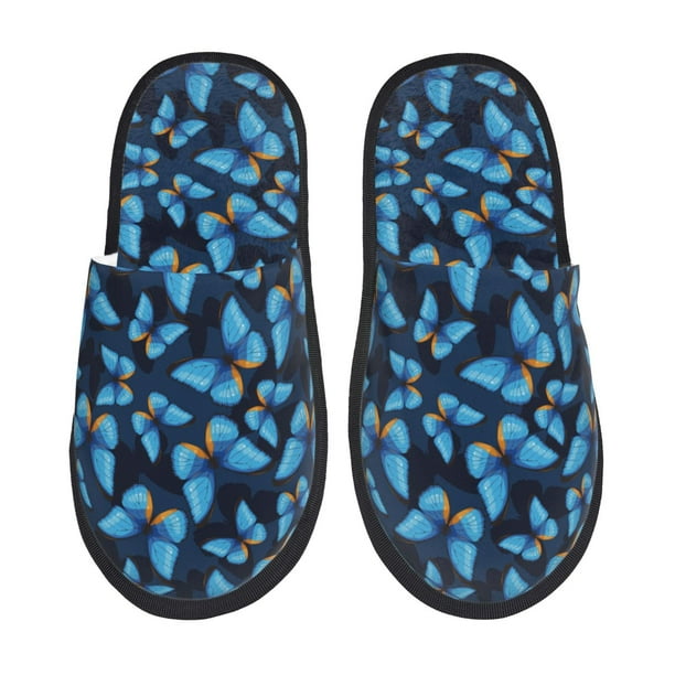 Fotbe Blue Butterfly Pantuflas Peludas para Mujer con Estampado, Zapatillas de Peluche, Zapatos de Invierno para Casa, Uso Interior y Exterior-Medium