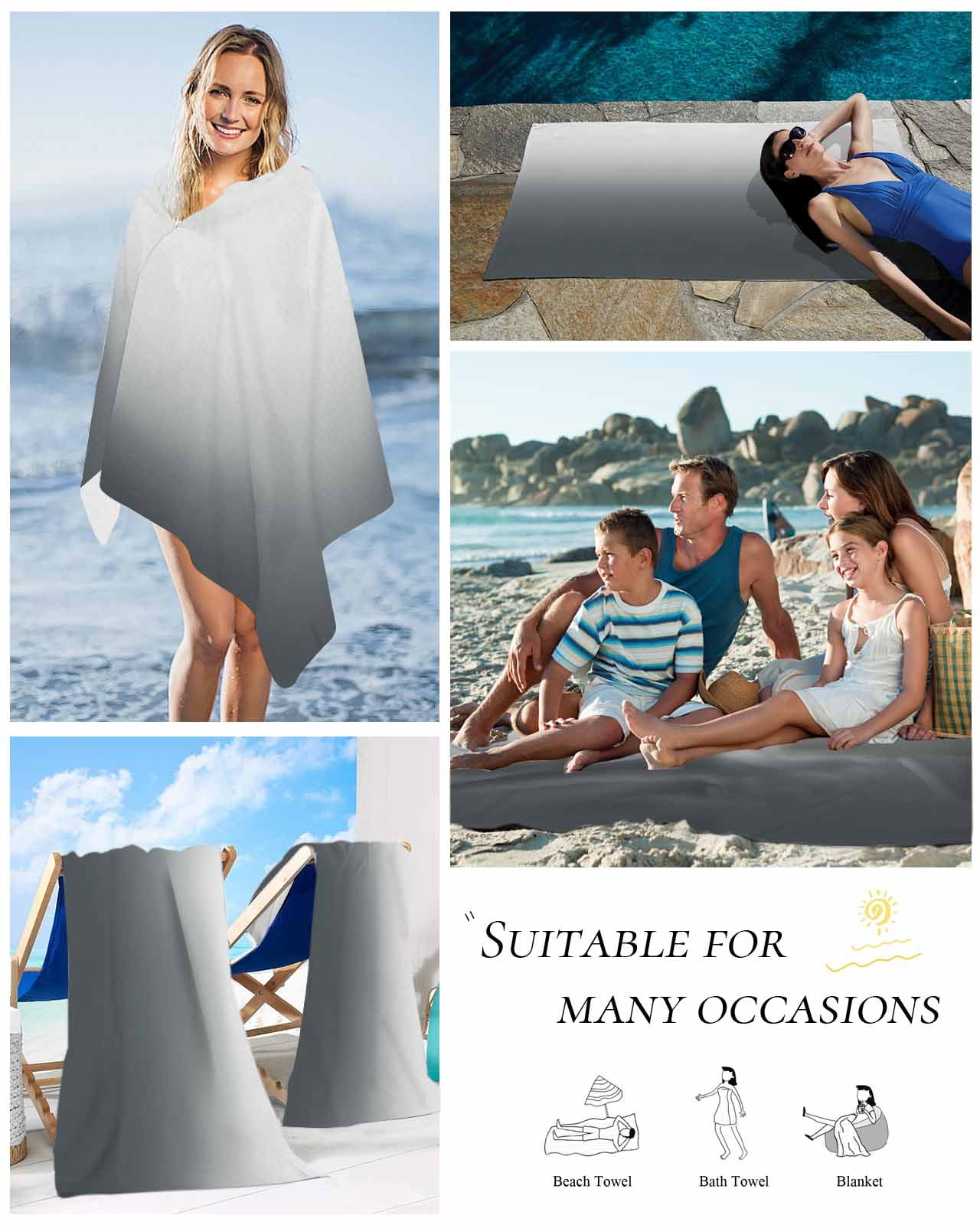 Grey Ombre Beach Towels Oversized Super Absorbent, Gray White Gradient Modern Abstract Art Lightweight Bath Towel Quick Dry Sets For Bathroom/Pool/Rv Camping/Beach Play/Gym Room/Picnic 30"x60"