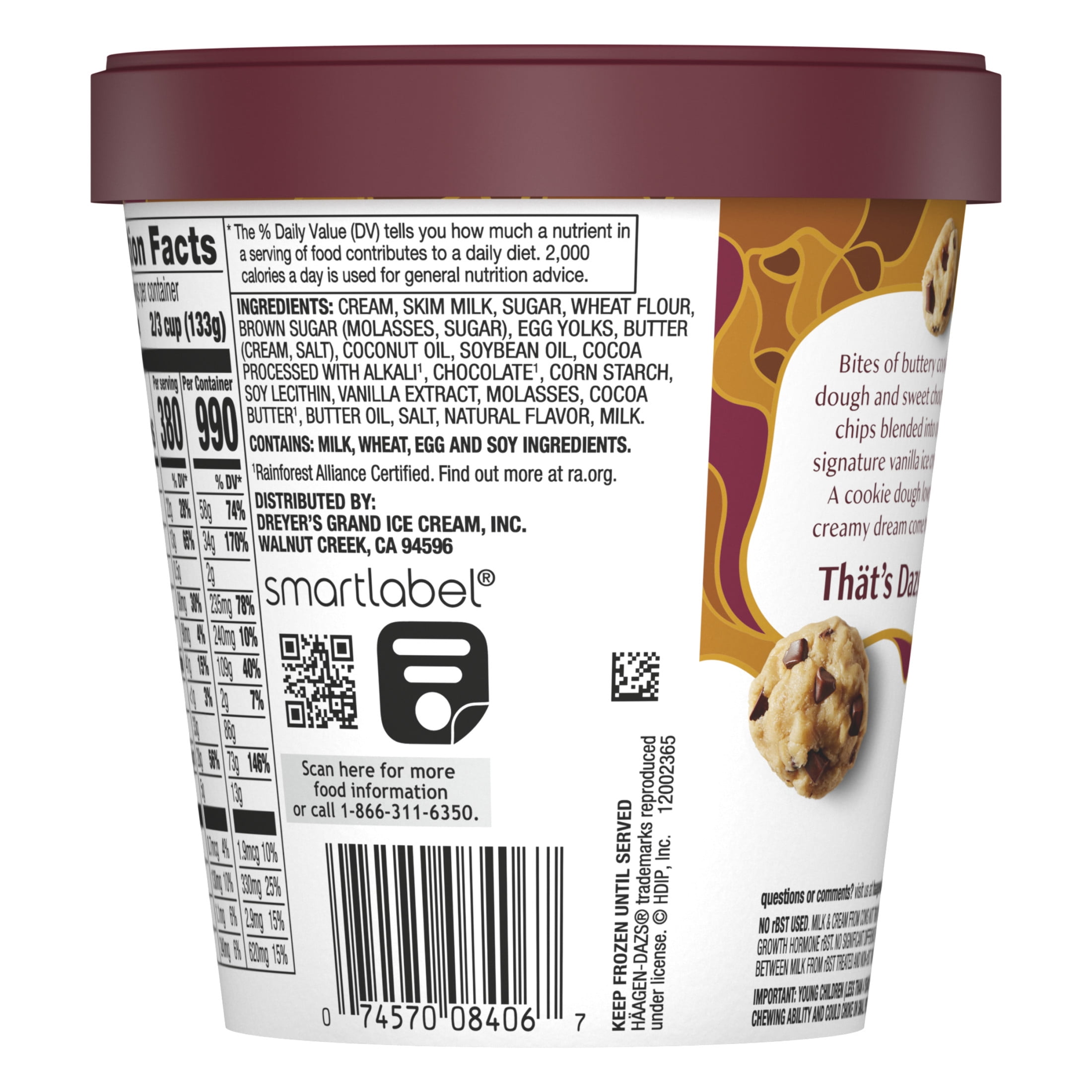 Haagen Dazs Chocolate Chip Cookie Dough Ice Cream, Kosher, 14 oz