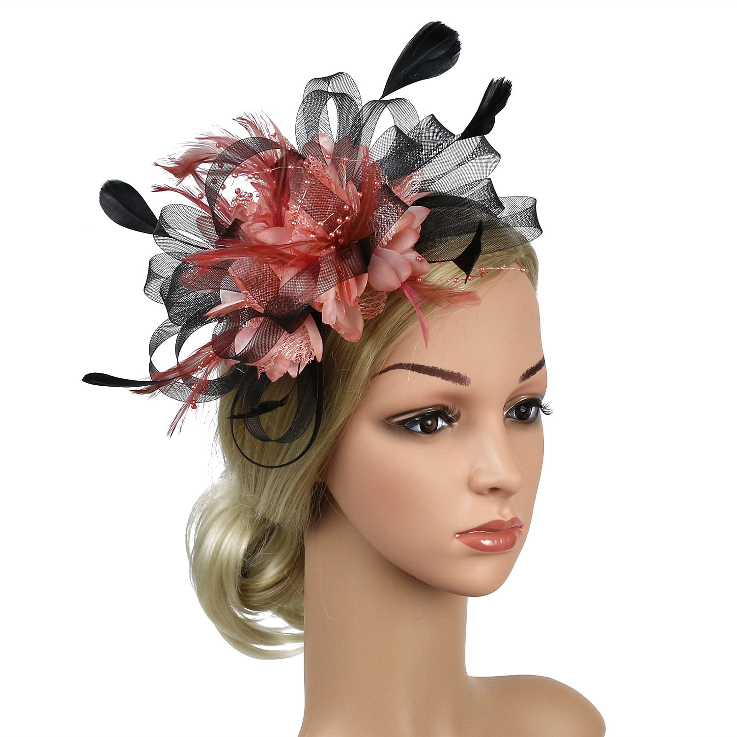 Women Flower Beaded Feather Fascinator Headband Clip Hair Wedding Race Party 