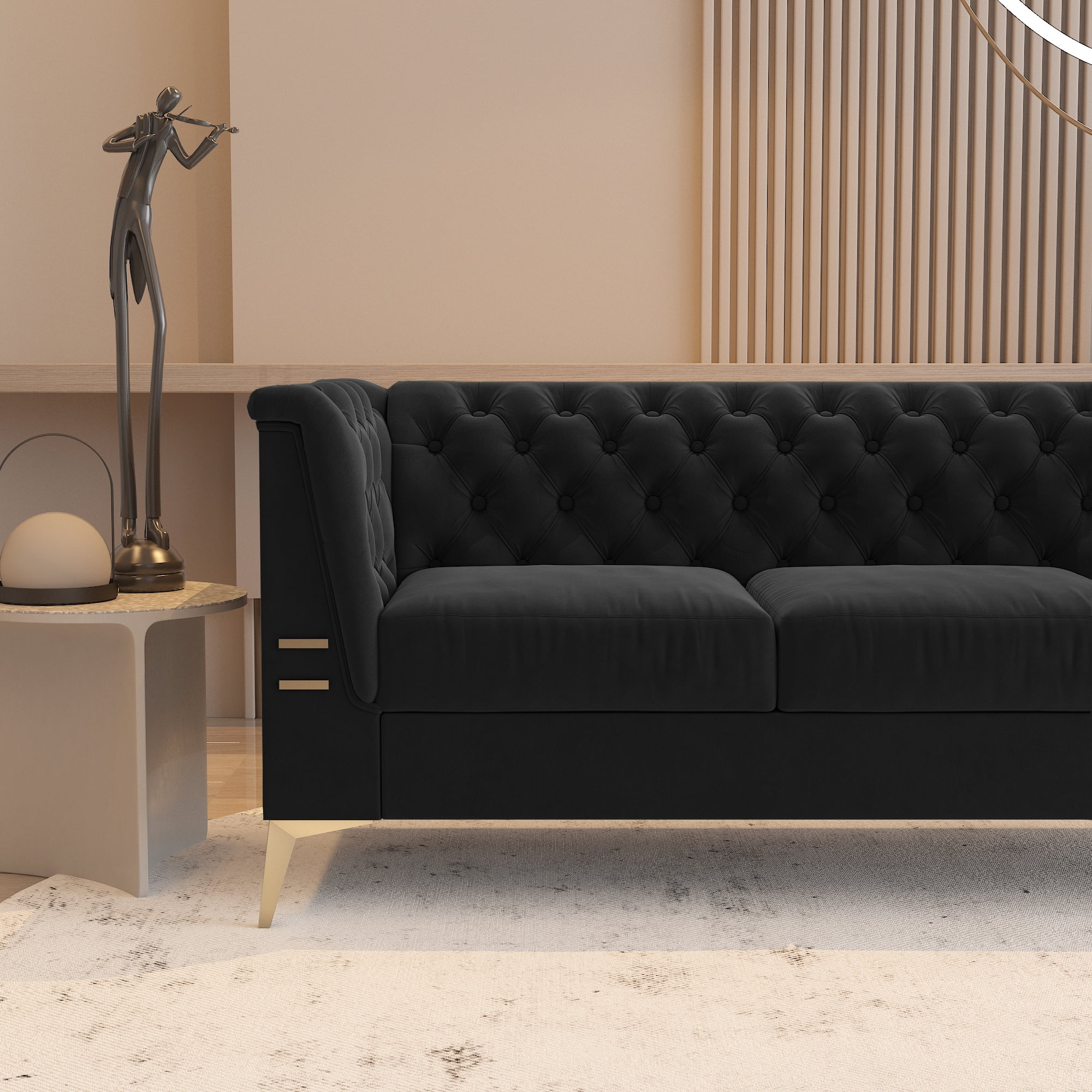Resenkos 83" Mid-Century Modern Tufted Velvet Couch Extra-Deep Down-Filled Sofa in Black Resenkos 83" Mid-Century Modern Tufted Velvet Couch Extra-Deep Down-Filled Sofa in Black