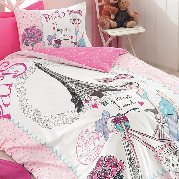 SUSSEXHOME Pink Paris Kid 0 Cotton Duvet Cover Set, Twin Size Duvet Cover, 1 Duvet Cover, 1 Fitted Sheet and 2 Pillowcases, Iron Safe, Hypoallergenic, Breathable Bedding Set, Child Room