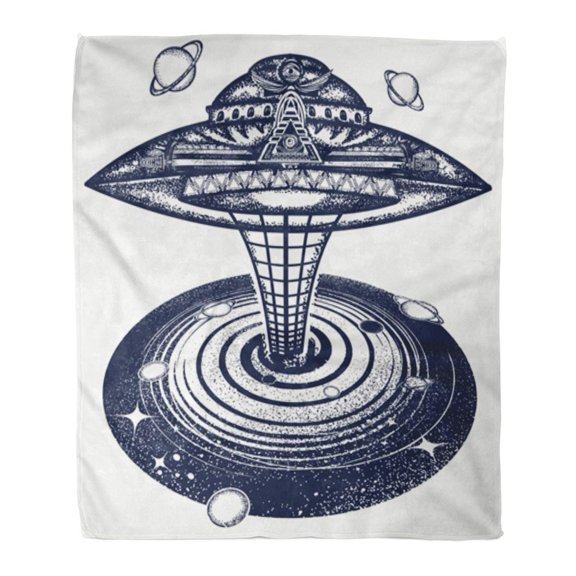 SIDONKU Flannel Throw Blanket UFO and Black Hole Tattoo Symbol of Science Astronomy Soft for Bed Sofa and Couch 50x60 Inches