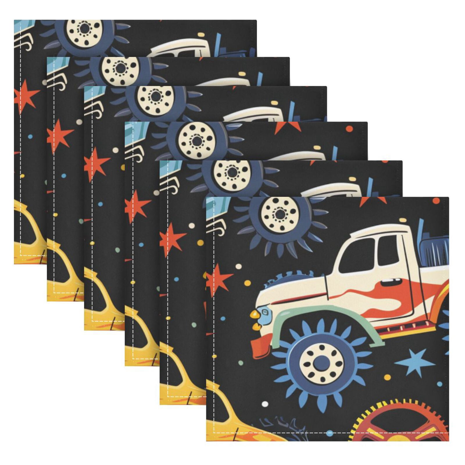 JSTEL Monster Truck Stars Cloth Napkins Set of 6, 20x20 Inch Washable and Reusable Napkin for Decoupage Dinner Party Everyday Use