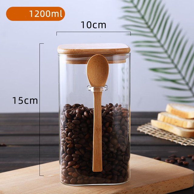 Contenedores cuadrados de vidrio con cuchara y tapa de bambú para alimentos, contenedor de almacenamiento de granos de café, organizador de cocina, 1-1.5L qym unisex