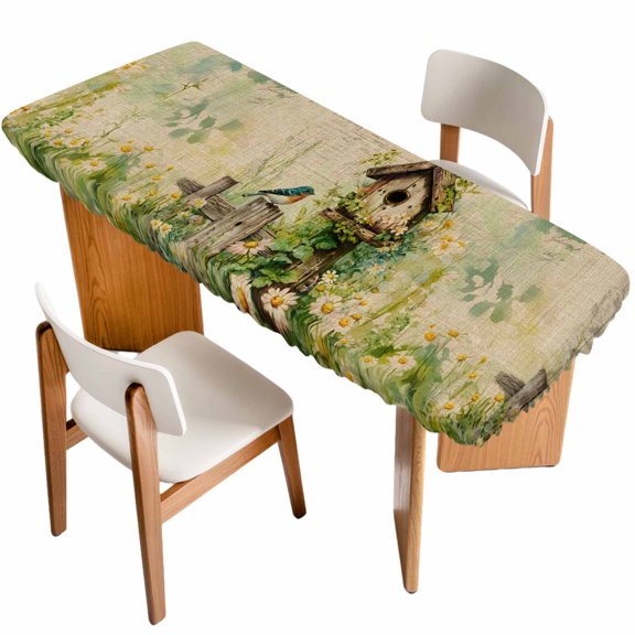 Spring Floral Table Cloths for 8 Foot Rectangle Tables, Birds Cabin Watercolor Botanical Retro Art Patio Waterproof Elastic Fitted Tablecloths, Washable Rectangular Table Cover for Camping