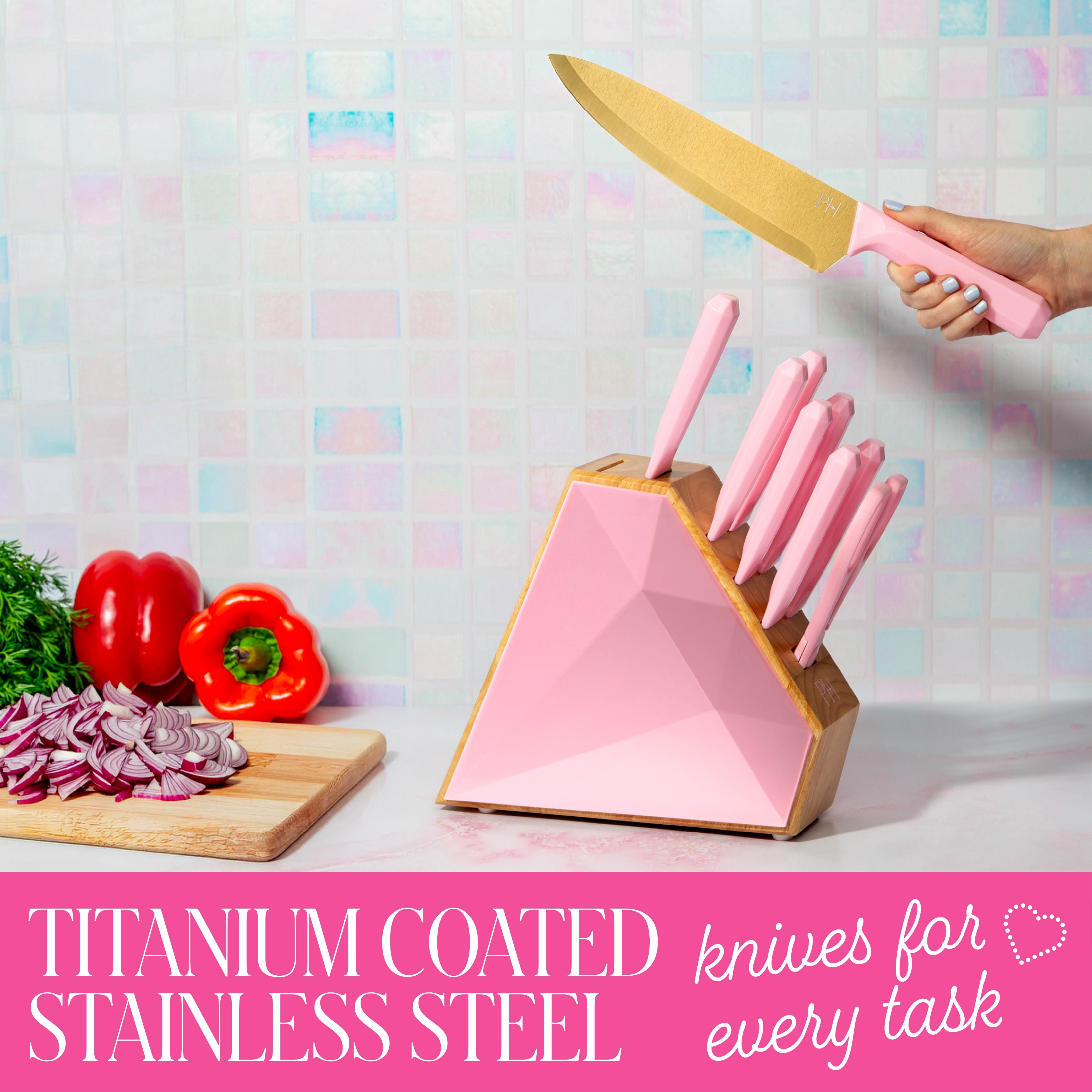 Paris Hilton 10-Piece Cutlery Block Set, Titanium-Coated Stainless Steel Blades, Diamond-Faceted Block, Pink