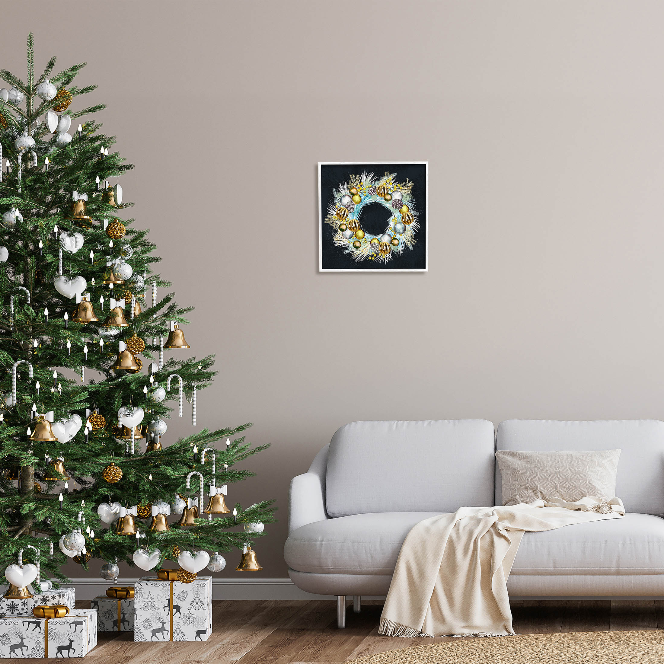 Gleaming Seasonal Pine Wreath Holiday Graphic Art White Framed Art Print Wall Art