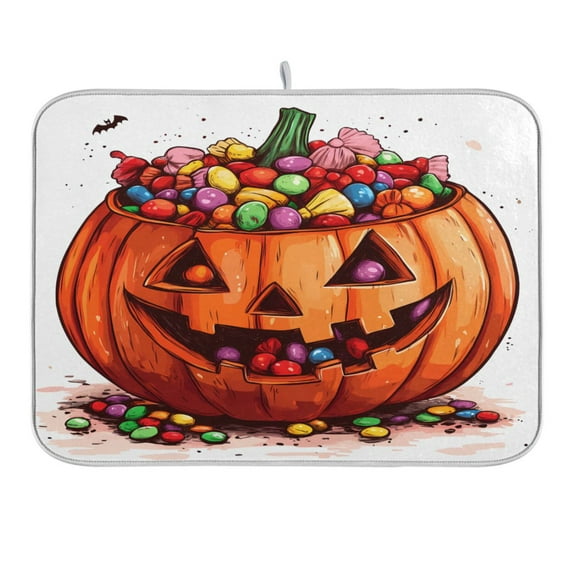 Candy in Halloween Pumpkin Dish Drying Mat for Kitchen Counter 16x18 In Absorbent Microfiber Reversible Mats Dish Drainer Protector Rack Pad for Coffee Bar Table