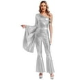 thumbnail image 1 of Raenseen Womens Metallic Shiny Flare Sleeve Bodysuit Hippie Bell Bottom Jazz Dance Rave Party Silver L, 1 of 6