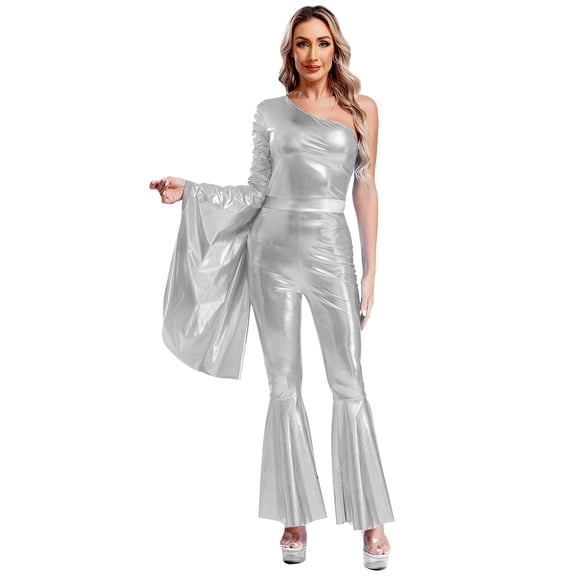 LiiYii 70s Shiny Metallic Disco Outfit for Women One Shoulder Long Sleeve Hippie Jumpsuit Silver M