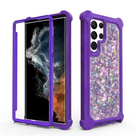 For Samsung Galaxy S22  Plus Luxury Liquid Glitter 3in1 Sparkle Bling Quicksand Clear Heavy Duty Bumper PC Frame TPU Back Cover ,Xpm Phone Case [ Purple ]