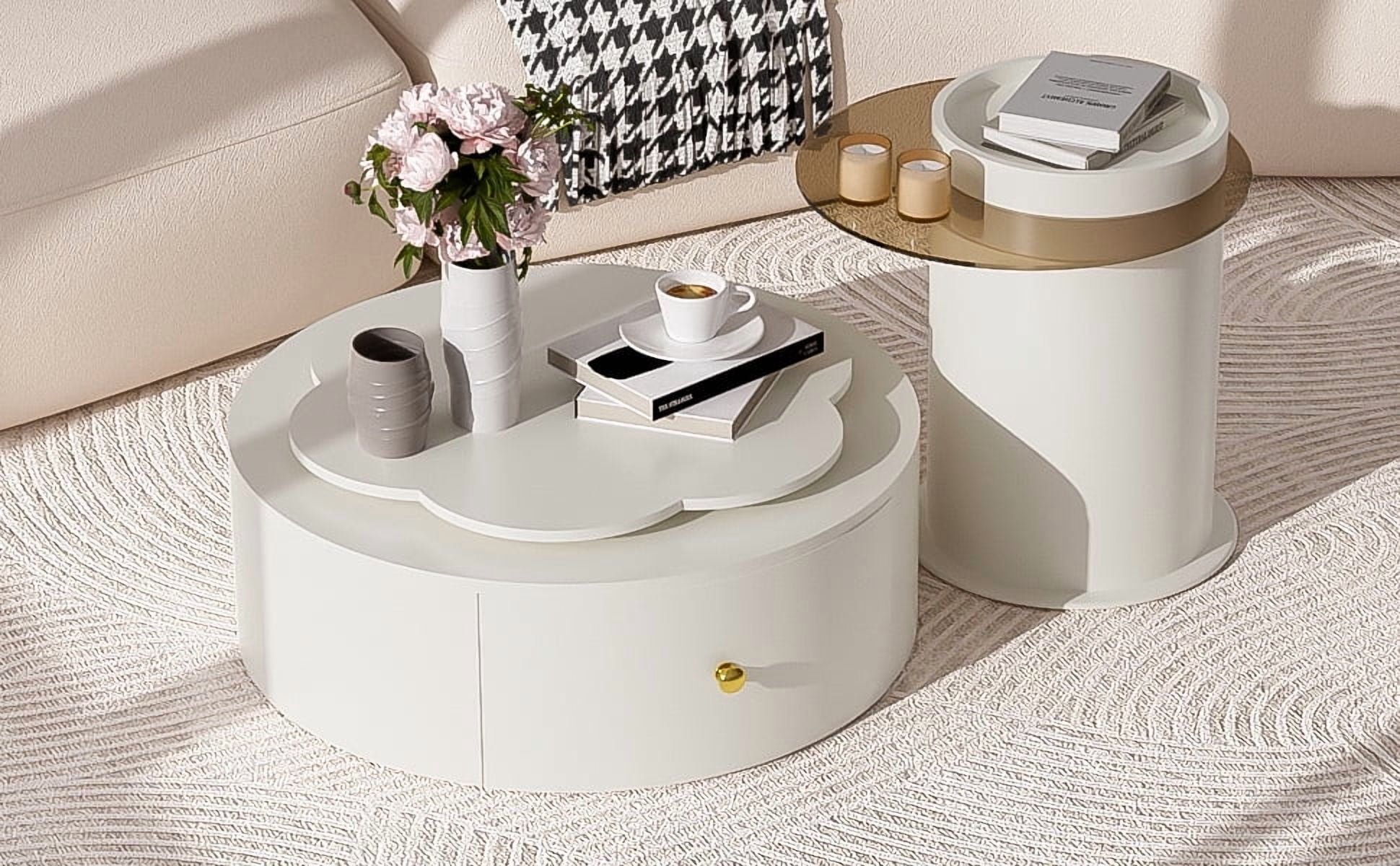 Euroco Rotating Flower-Shaped Coffee Table Set with Glass Side Table & Storage Drawers