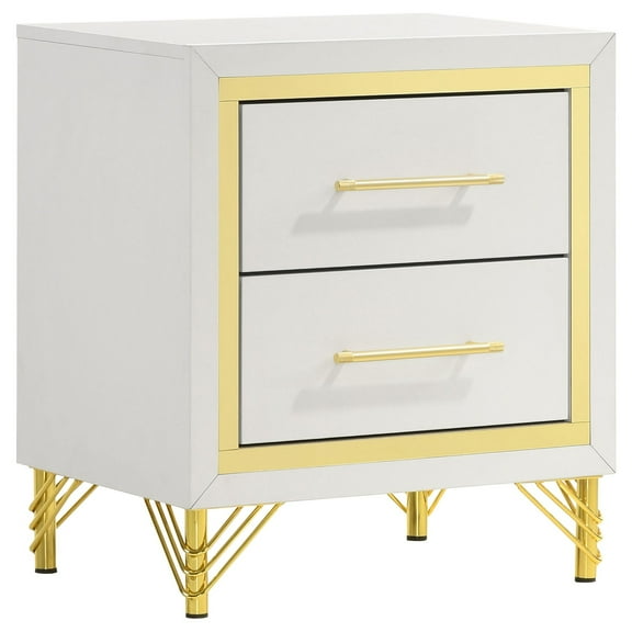 Jenny Nightstand, 2 Drawers, Hairpin Style Legs in Gold, Bar Handles, White