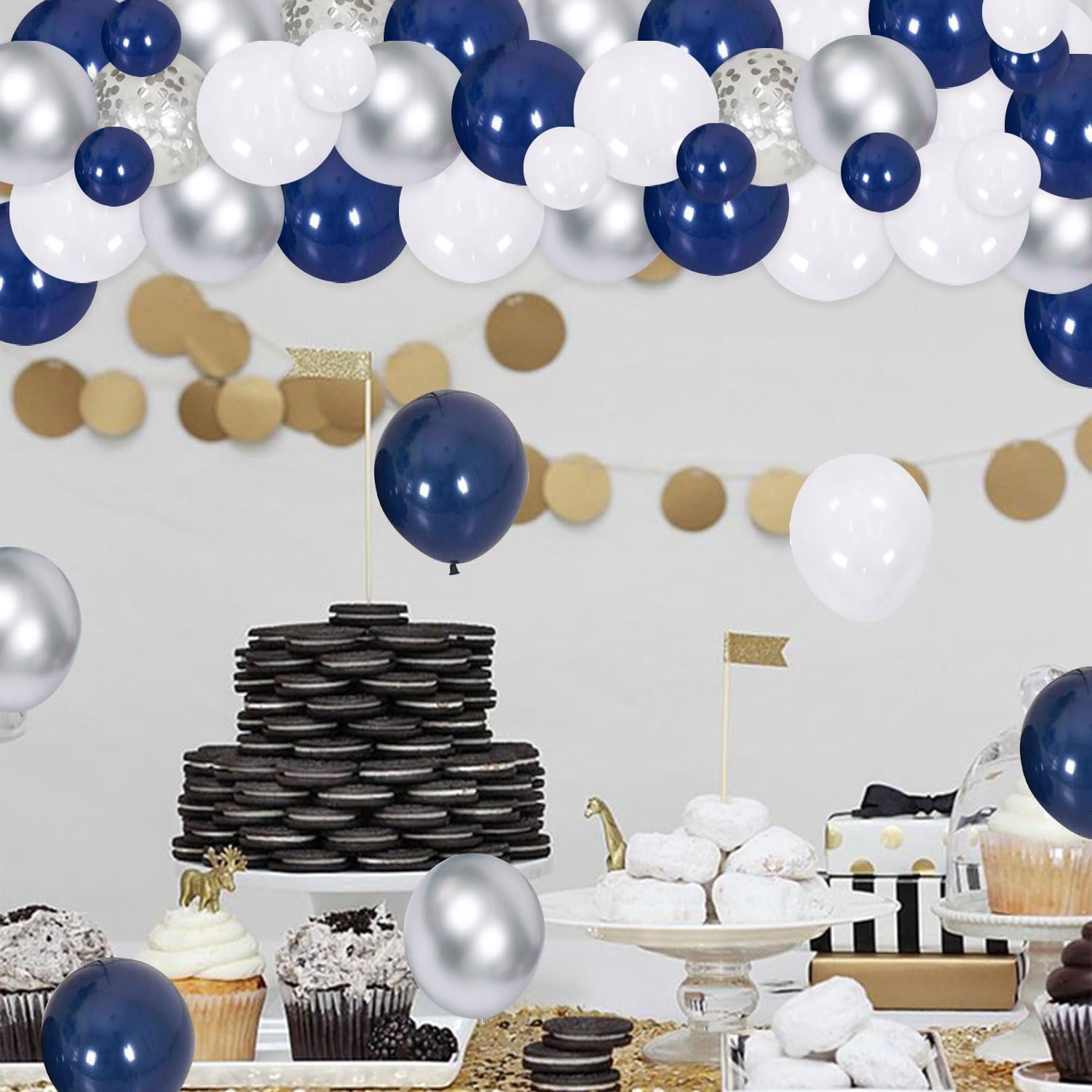 73Pcs Congrats Grad Decorations 2024, Navy Blue and Silver Graduation Decor with Congrats Grad Backdrop Navy Blue Silver Balloon Garland Arch Kit for Class of 2024 Grad Prom Graduation Supplies