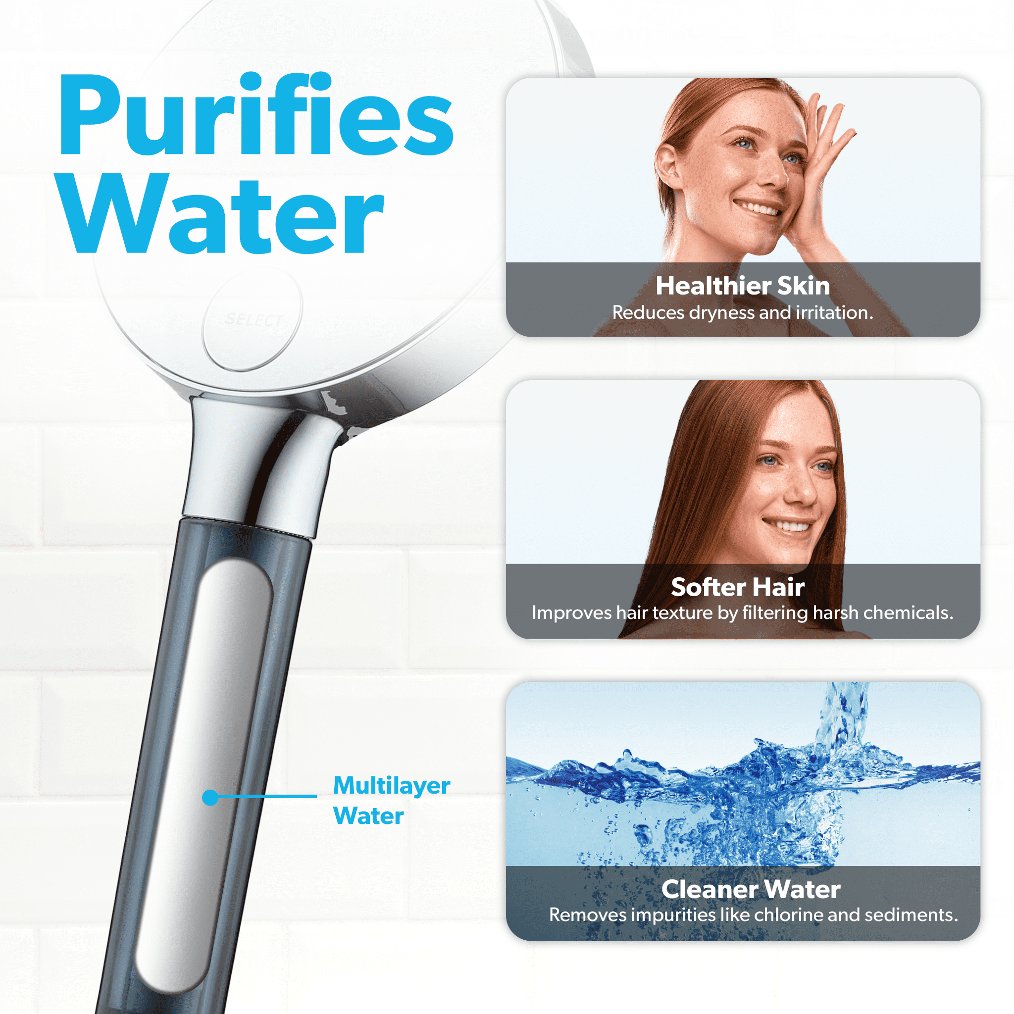 BLACK+DECKER Handheld Shower Head w/ 3 Spray Settings, Water Filter, & Stainless Steel Hose, Chrome