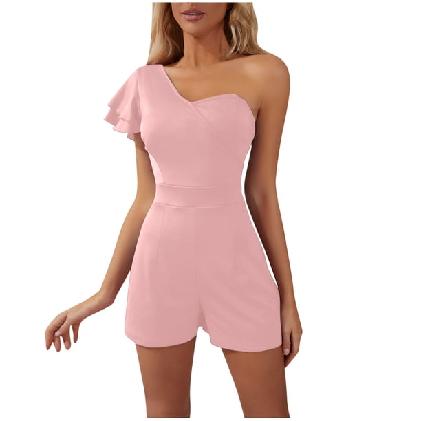 Conjunto de Verano para las Mujeres Color Sólido Hombro Doble Capa Manga Mono Pantalones Cortos, Cuello en V Superior Monos de Mujer Casual