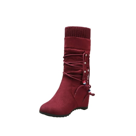 

EQWLJWE 2022 Booties for Women s Suede Mid-boots With Inner Raised Round Head Ethnic Style Wool Barrel Deals Discount Clearance