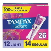 Tampax Radiant Tampons Duo Pack with Leak Guard Braid, Light/Regular Absorbency, 26 Ct