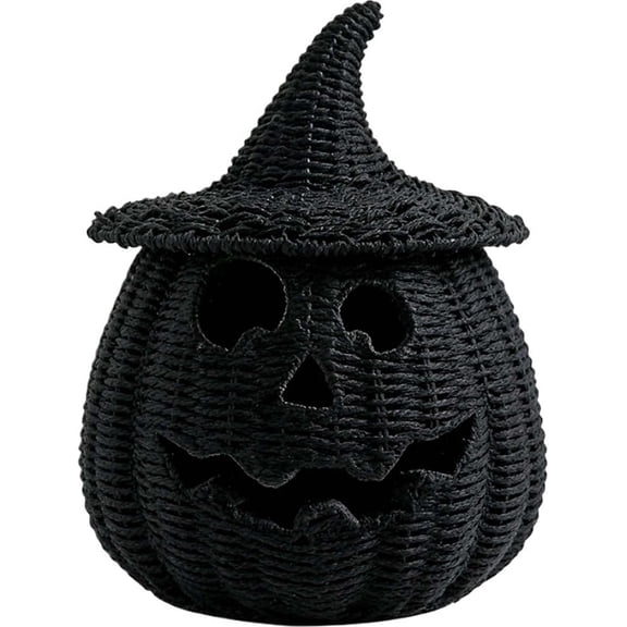 Halloween Woven Seagrass Pumpkin for Spooky Halloween Candy Storage and Home Decor, Black Handcrafted Witch Hat Woven Seagrass Lantern for LED Candy（B）
