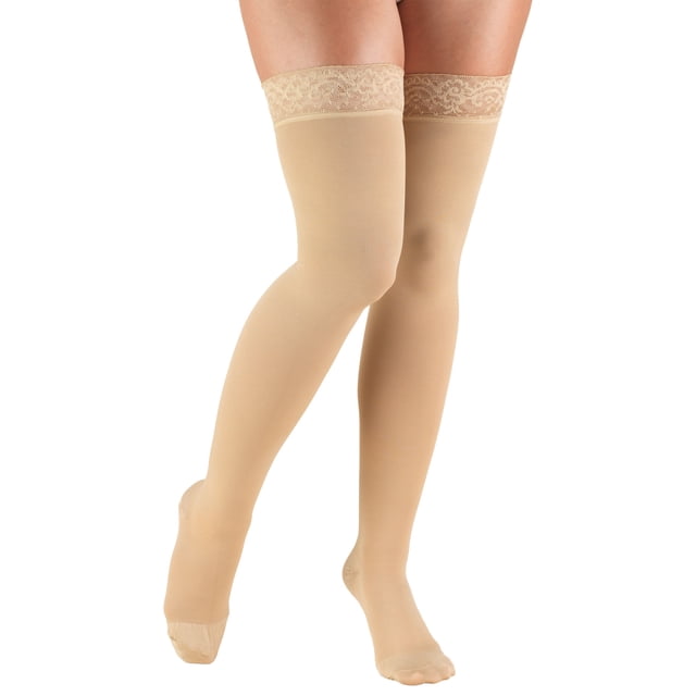 Truform Thigh High Stockings, Closed Toe, Lace Top: 20 - 30 mmHg, Beige, Large