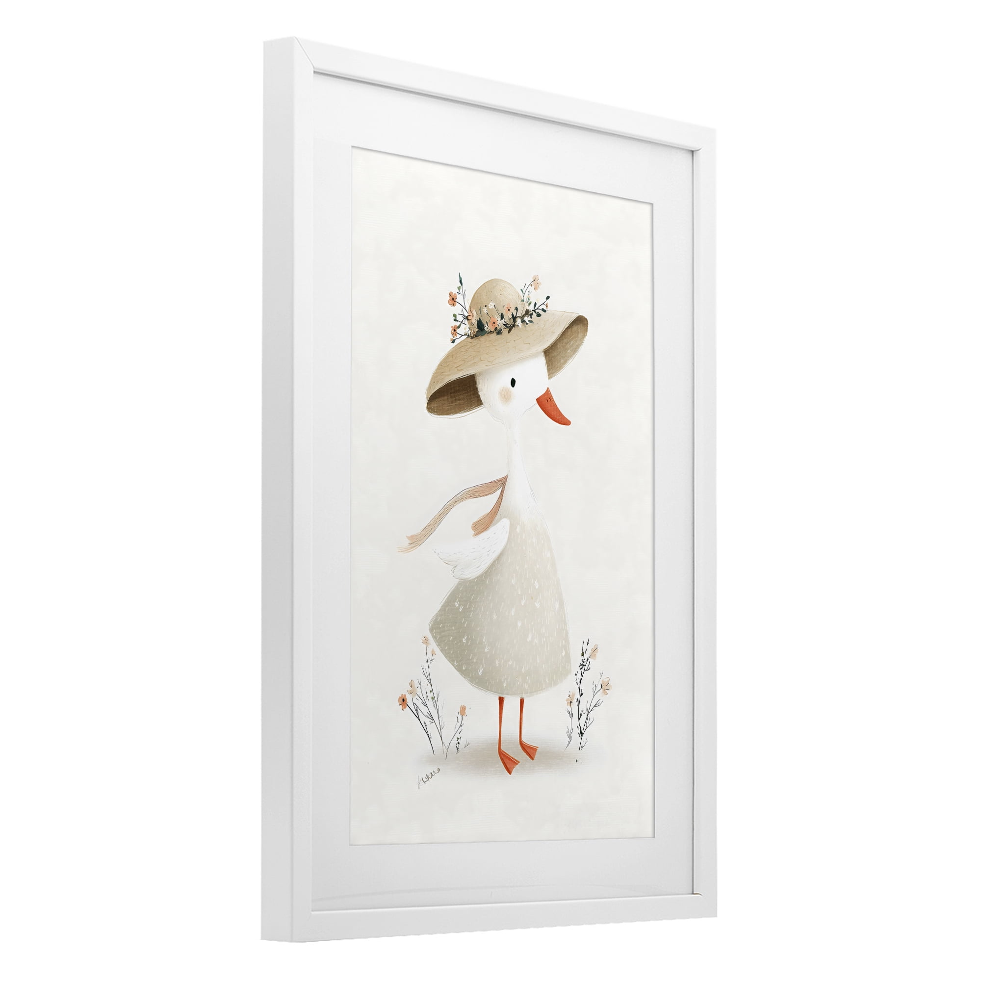 Stupell Industries Charming Goose in Sunhat White Framed Print Under Glass, design by Ink Drop Loft