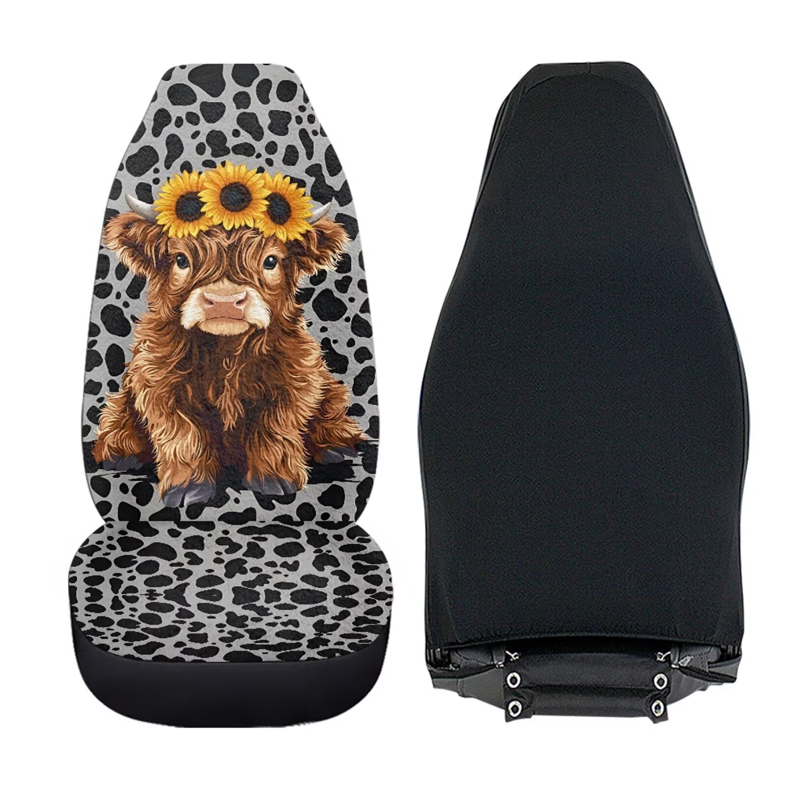 Uorisanigo Car Seat Covers, 2 Pack Front Seat Covers, Fluffy Baby Highland Cow Print Automotive Seats Cover for Auto Interior Accessories with Soft Fuzzy Non-Slip