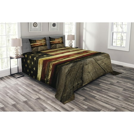 Thick Quilted Bedspreads United States Bedspread Set, Vintage American Flag on Wooden Planks Wall Background Grunge Print, Decorative Quilted Coverlet Set with Pillow Shams Included, Umber Cream Red Blue, by Ambesonne ()