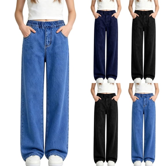 TKKCS Girls Baggy Straight Jeans Loose Fit Pull On Casual Elastic High Waist Washed Denim Pants Blue 9-10 Years