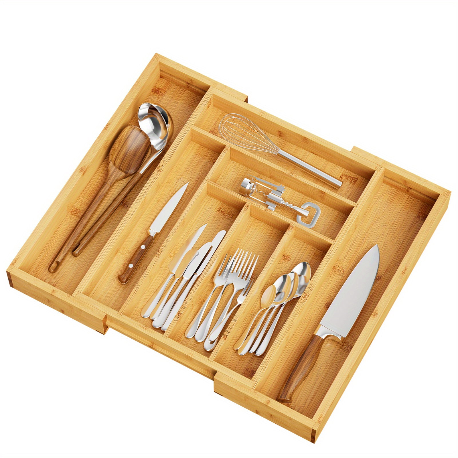 8-Grid Bamboo Expandable Drawer Organizer for Cutlery, Adjustable Wooden Tray for Knives, Forks & Spoons, Lightweight Kitchen, Kitchen Drawer Organizer, Utensil Drawer Organizer
