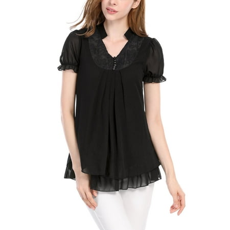 Pleated Flounce - Women Short Sleeves Flounce V Neckline Pleated Tunic Tops