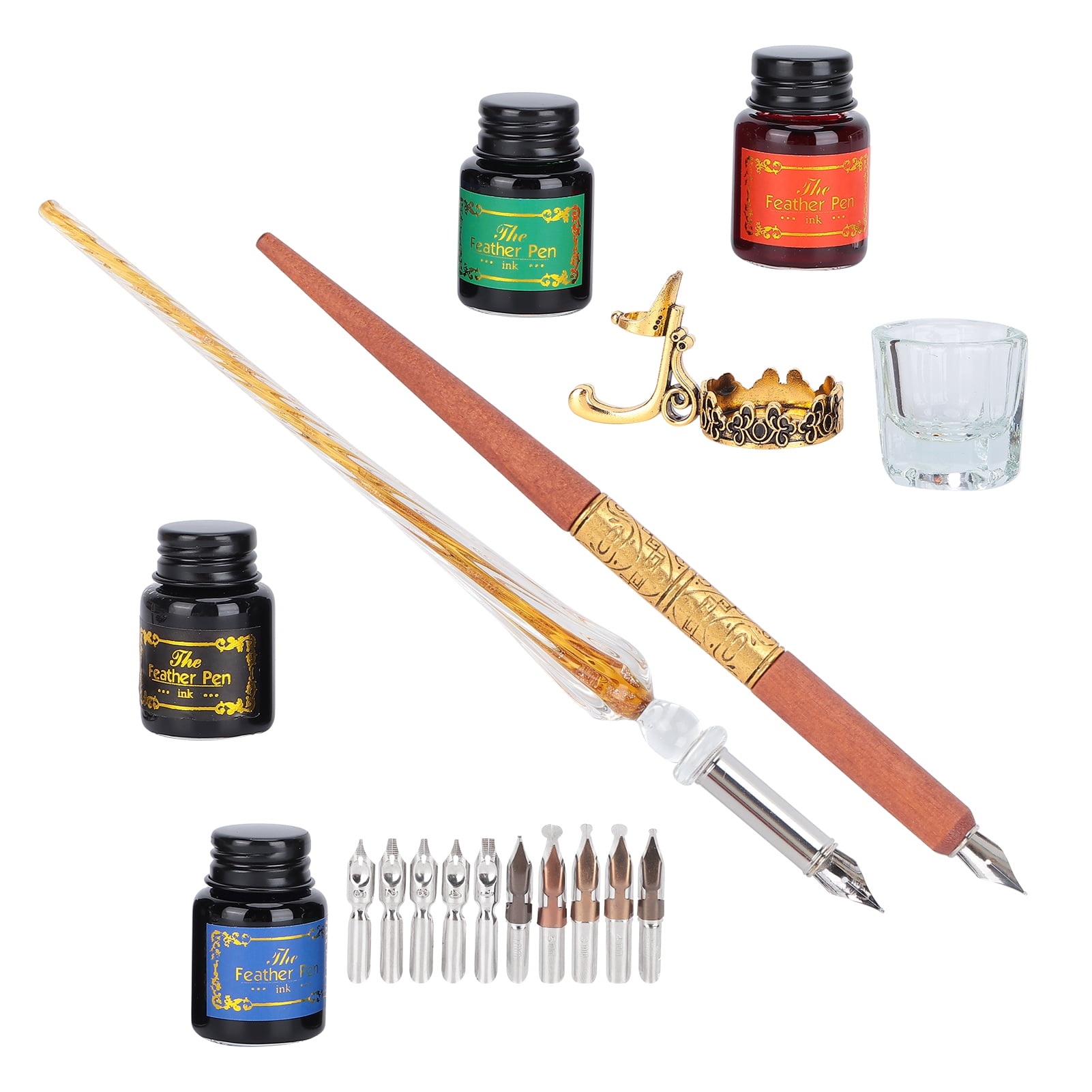 M Buder Dip Pen Kit Flat Round Nibs with Ink Holder for Writing Drawing Calligraphy, SP249045 Fire Color Rod Glass Pen, 9.45 inches / 24 cm length, Vintage English Art Calligraphy Gift Set