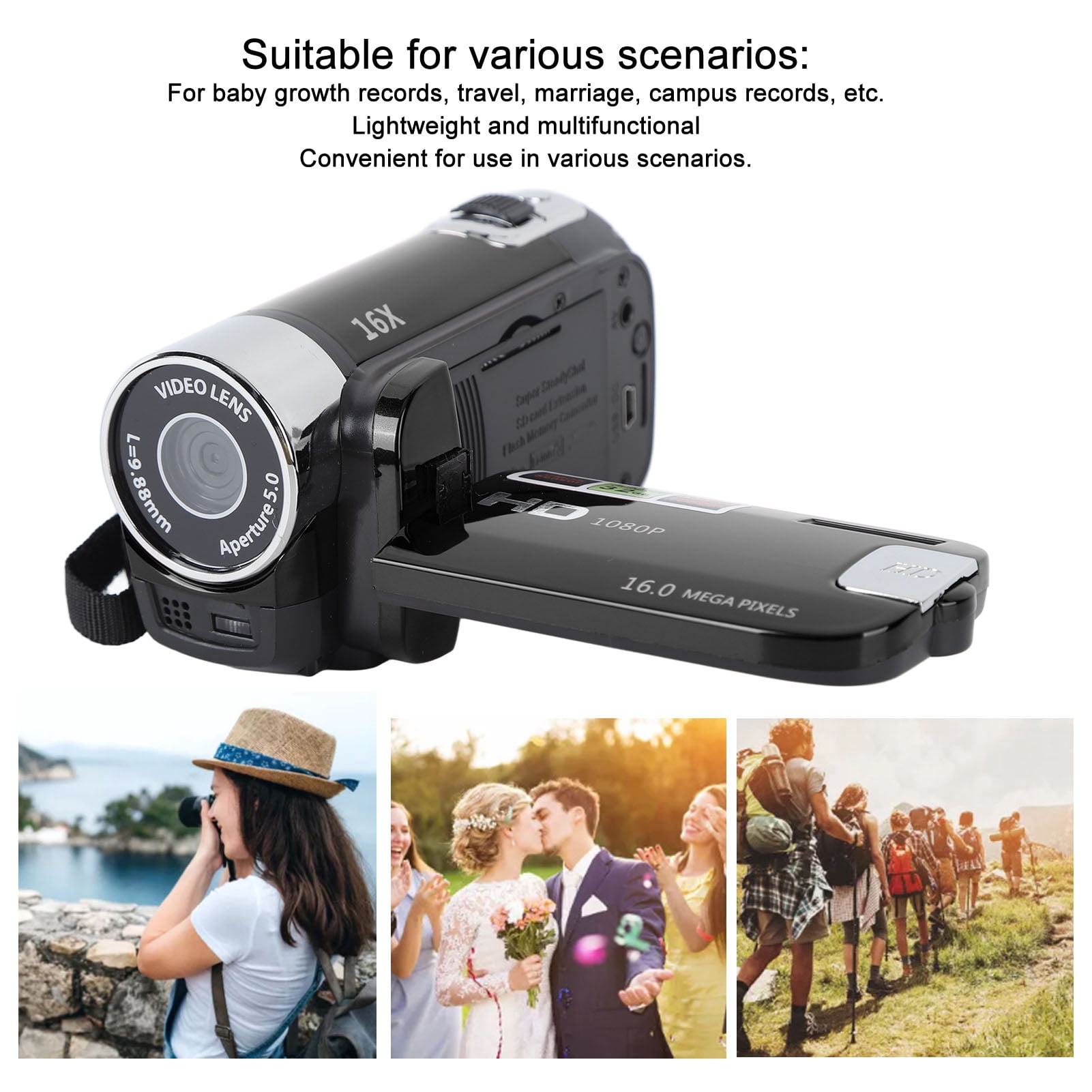 1080P HD Camera Camera Camcorder, 16MP DV Camera 16x Digital Zoom Video Camera, 2.7in TFT Rotatable Screen, Built In Speakers, USB