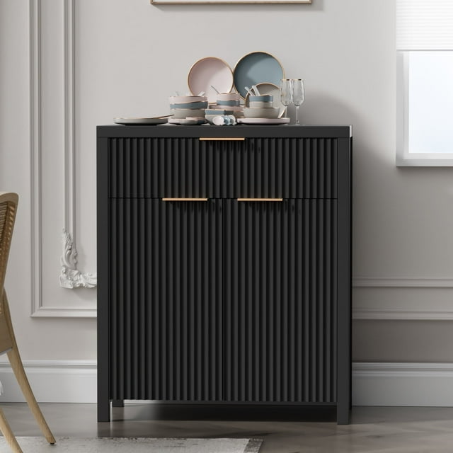 GIKPAL Buffet Bahut, Organisateur de Rangement de Cuisine Cannelé avec Tablette et Portes Ajustables, Armoire d'Accent Moderne Noire avec Tiroir de Rangement pour Salle à Manger et Salon