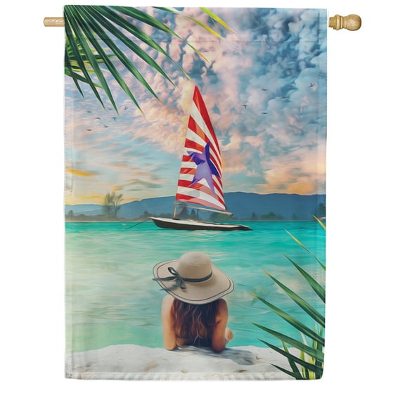 America Forever Summer Waterfront Retreat Tropical House Flag 28 x 40 inches Ocean Palm Leaves Sunset Coastal Double Sided Seasonal Yard Outdoor Decorative Beach Life House Flag