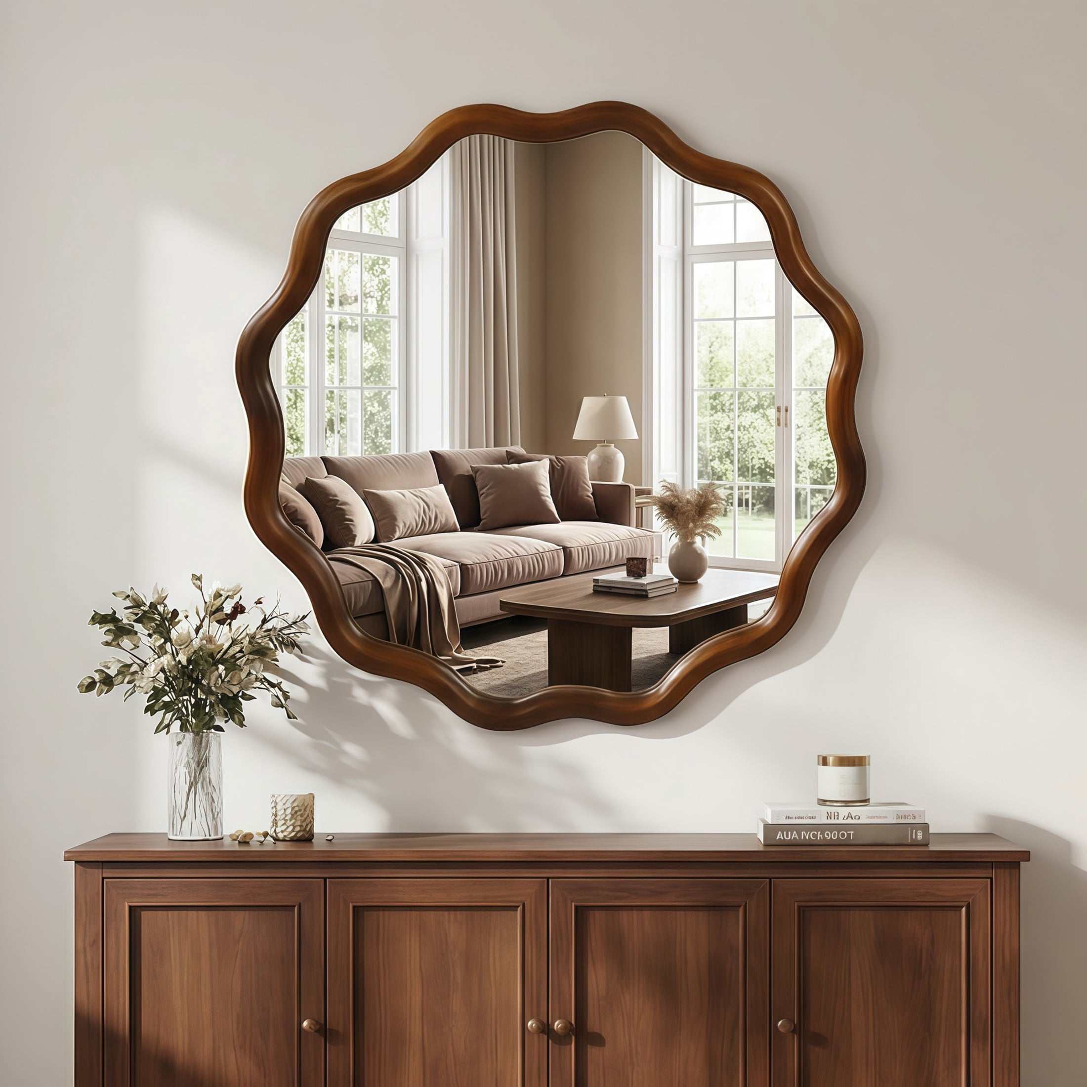 Noble House 24" Wavy Round Wall Mirror, Asymmetrical Solid Wood Decorative Accent Mirror for Entryway, Walnut