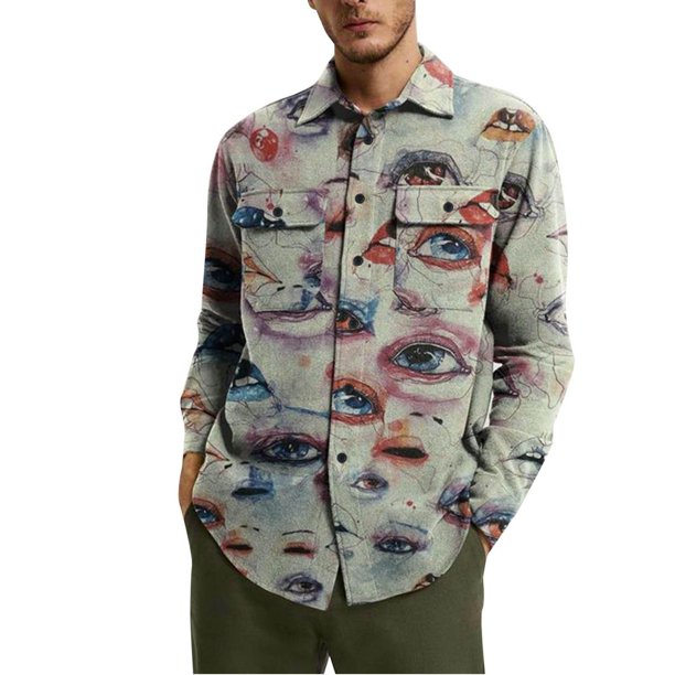Camisas s Para Hombre Manga Larga Top de otoño e invierno para hombre, camisa de tamaño con estampado de botones, bolsillo de solapa, abrigo informal, chaqueta, blusa superior, (Mint Green, XL)